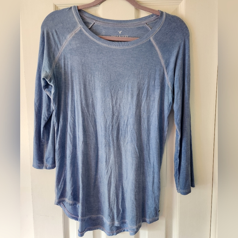 American Eagle Women's Blue Three Quarter Sleeve Top